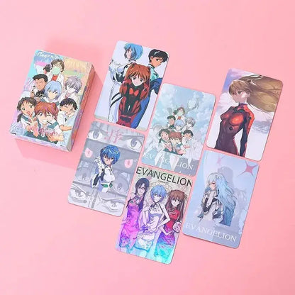 A set of colorful glossy neon genesis evangelion anime playing cards featuring ayanami rei with box on a pink surface