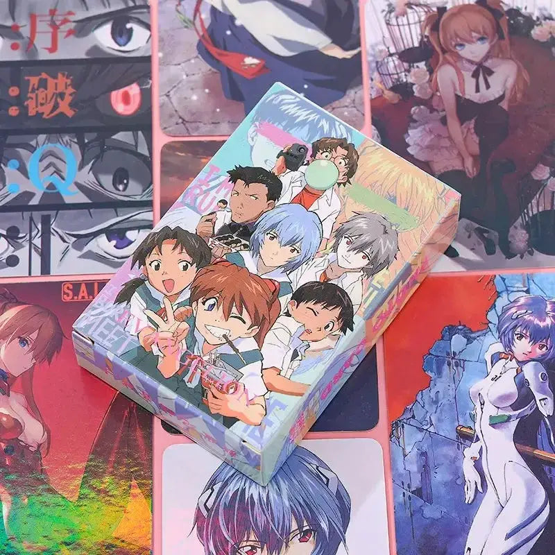 Rectangular cardboard box with glossy finish featuring vibrant neon genesis evangelion anime characters in dynamic poses