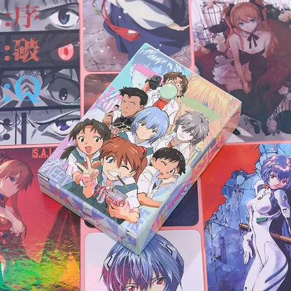 Rectangular cardboard box with glossy finish featuring vibrant neon genesis evangelion anime characters in dynamic poses