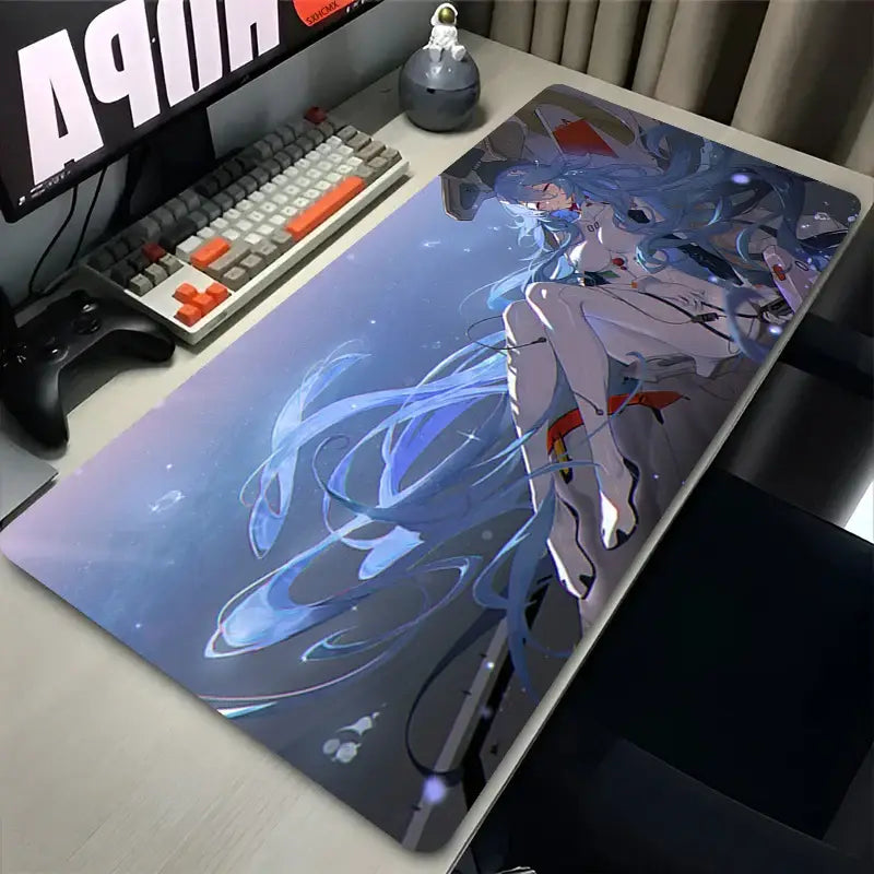 Blue and white xxl gaming mat featuring ayanami rei with flowing hair against starry background mouse pad
