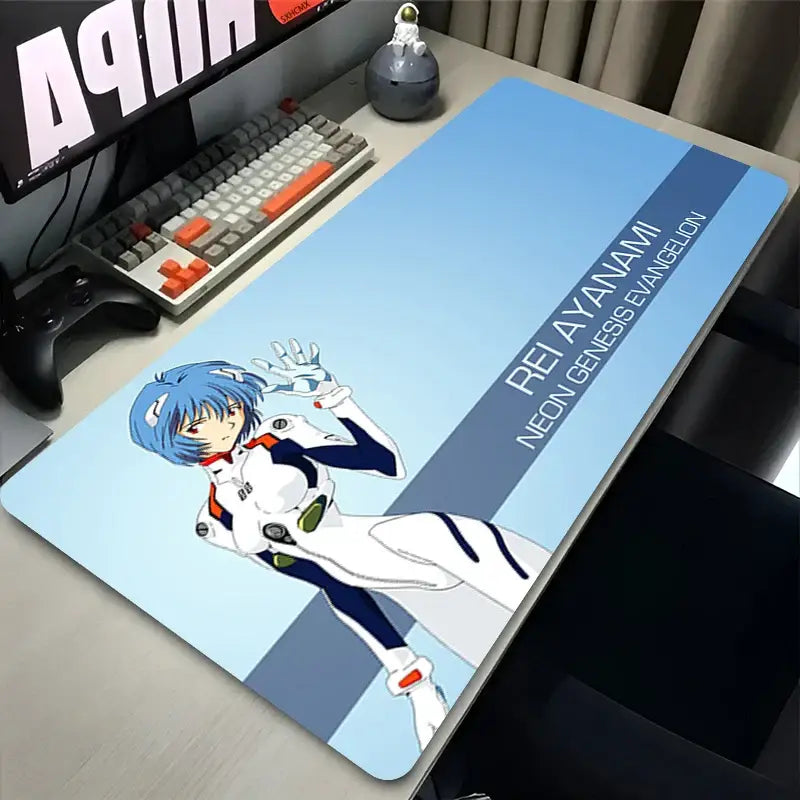 Light blue xxl gaming mat mouse pad featuring ayanami rei in white navy spacesuit from neon genesis evangelion
