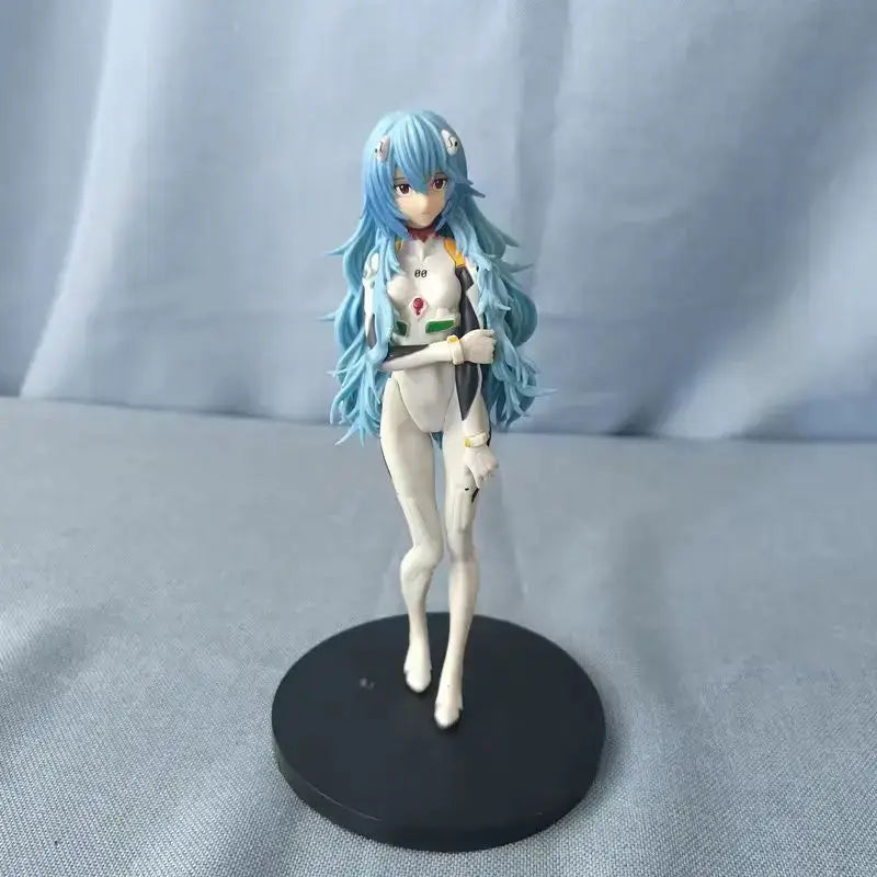 Neon genesis evangelion ayanami rei pvc figure with long light blue hair and white bodysuit with colorful accents