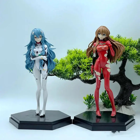 Two detailed neon genesis evangelion pvc figures featuring ayanami rei with blue hair and another character in red suit