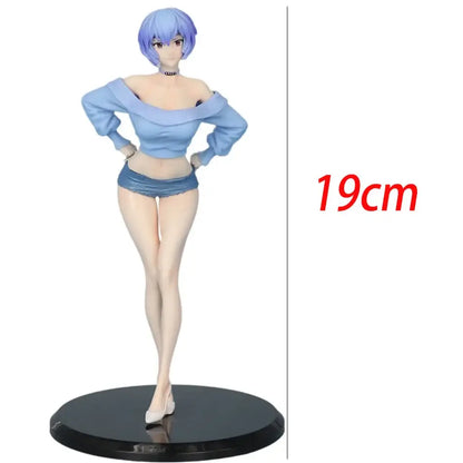 A 19cm tall ayanami rei pvc statue from neon genesis evangelion featuring short blue hair and a light blue outfit
