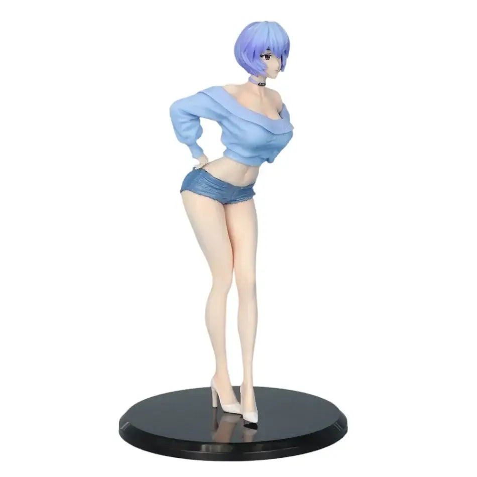 Ayanami Rei pvc statue from Neon Genesis Evangelion with blue hair in light blue top and denim shorts on black base