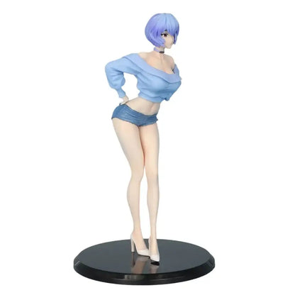 Ayanami Rei pvc statue from Neon Genesis Evangelion with blue hair in light blue top and denim shorts on black base