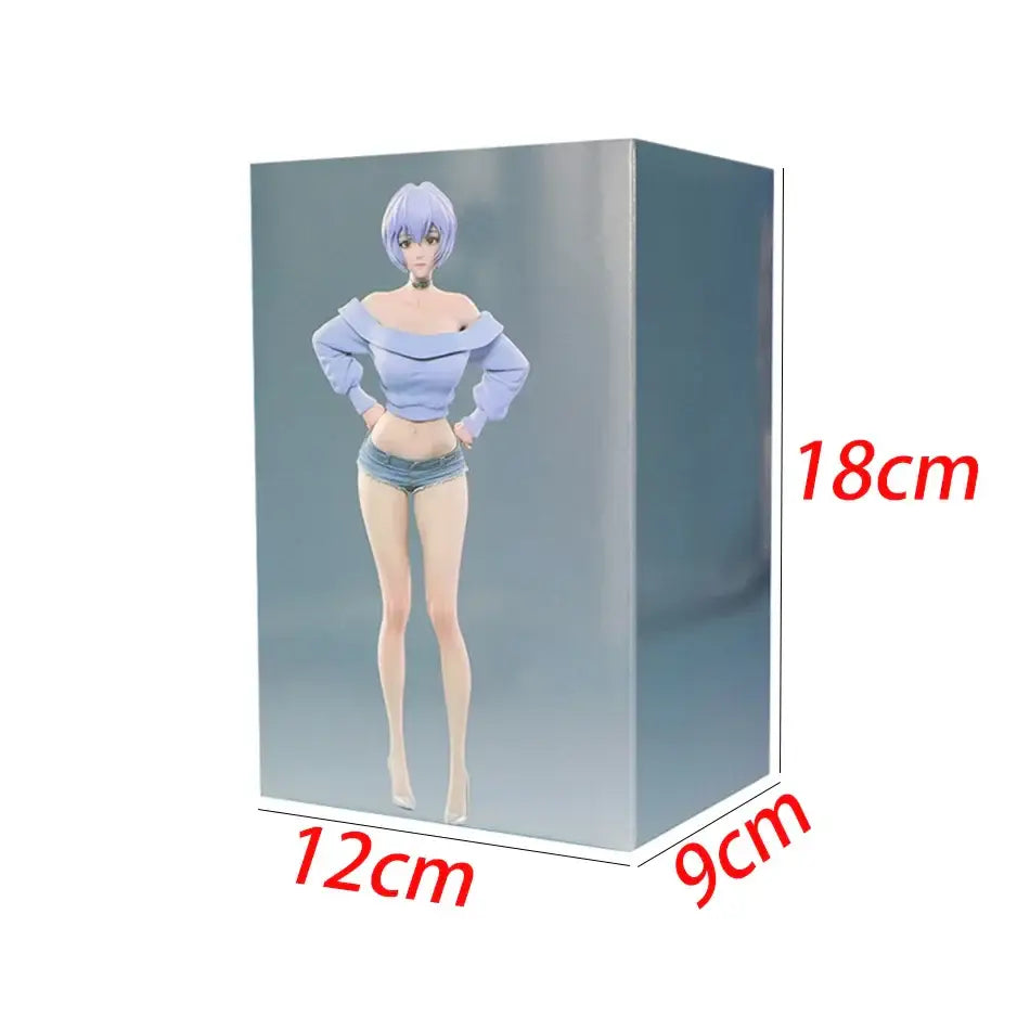 Detailed 18cm ayanami rei pvc statue from neon genesis evangelion featuring lavender hair and light blue top by bandai