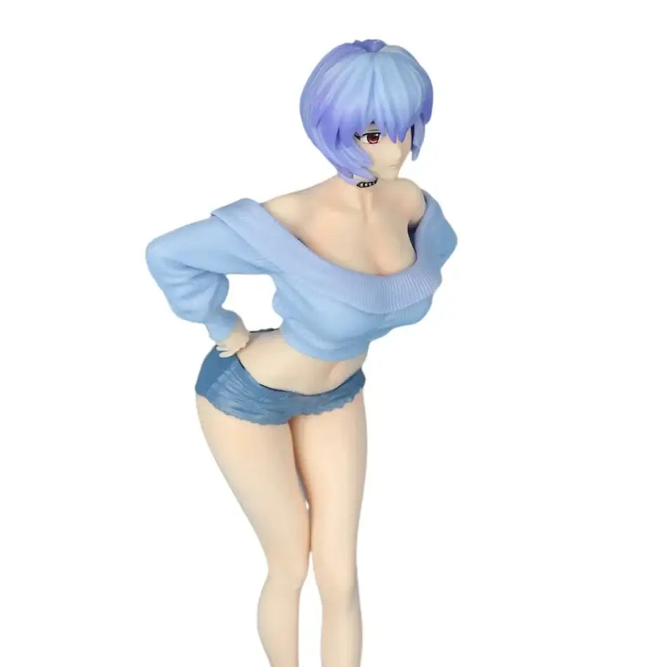 Ayanami Rei pvc statue from Neon Genesis Evangelion featuring detailed blue hair in a light blue sweater and denim shorts