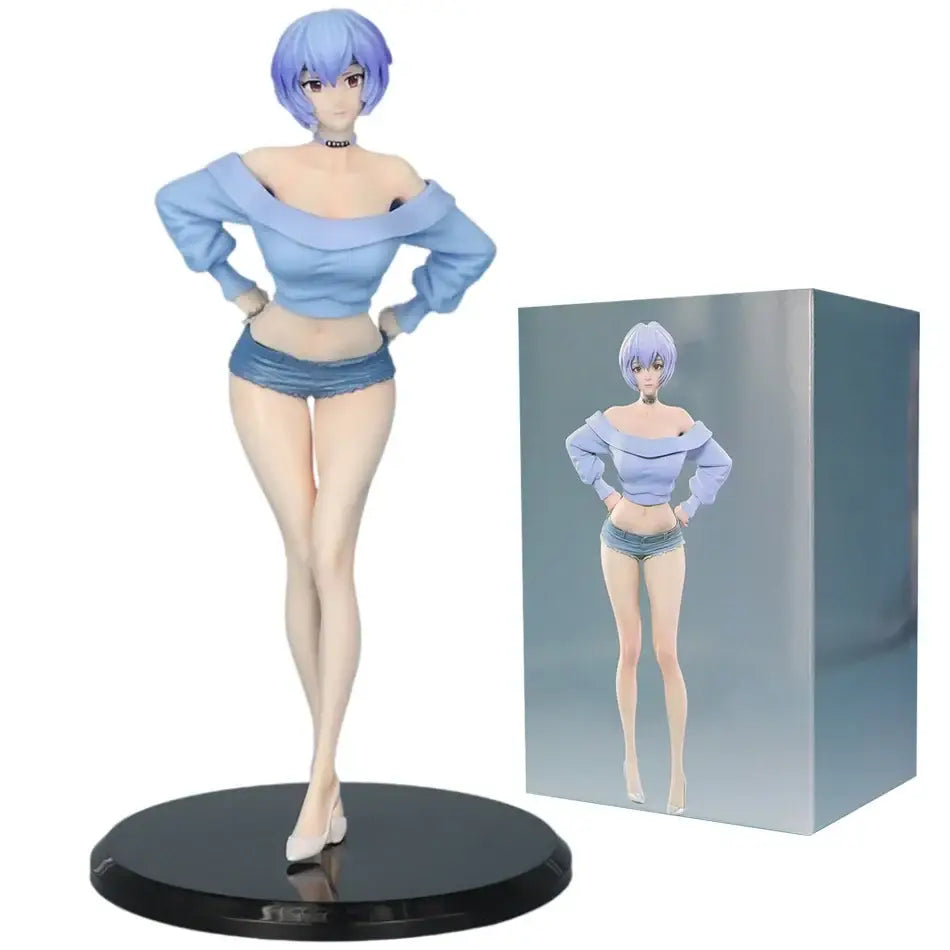 Neon genesis evangelion ayanami rei pvc statue in blue hair light blue top and denim shorts on black base collectible model