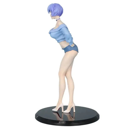 Neon genesis evangelion ayanami rei pvc statue features a blue-haired figure in light blue off-shoulder top and shorts
