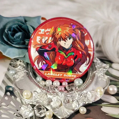 A circular red holographic neon genesis evangelion tinplate badge featuring asuka langley soryu in her red battle suit