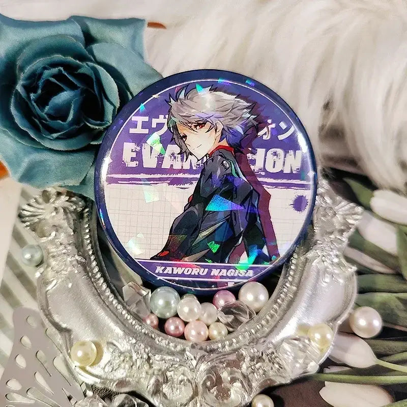Circular holographic neon genesis evangelion ayanami rei tinplate badge featuring silver hair character on purple background