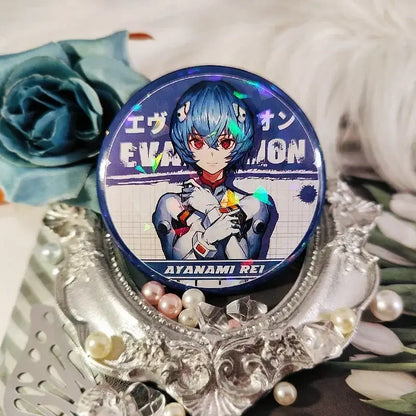 Circular blue and white enamel tinplate badge featuring ayanami rei from neon genesis evangelion with holographic accents