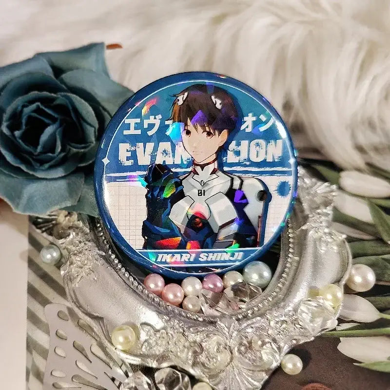 Circular holographic tinplate badge brooch featuring ayanami rei from neon genesis evangelion in blue and white design