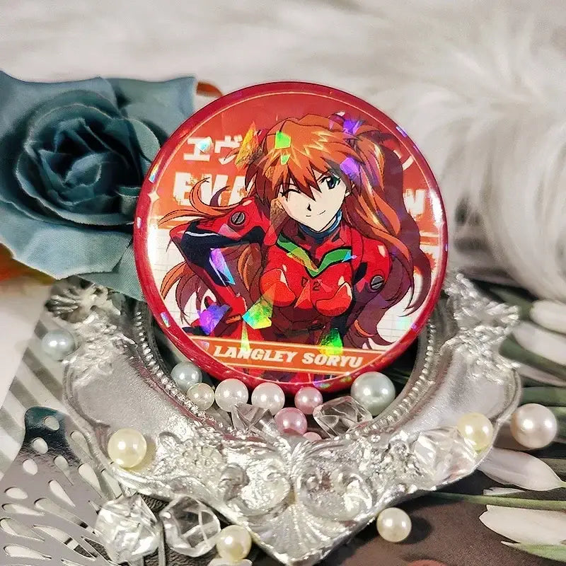A circular red tinplate badge brooch featuring neon genesis evangelion ayanami rei with holographic accents