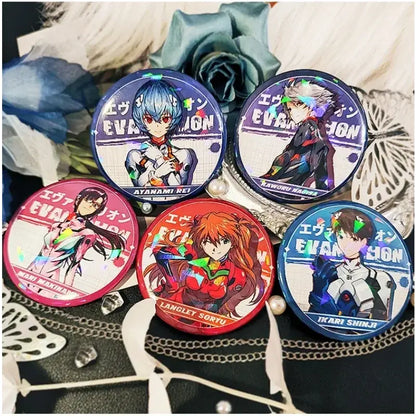 Five glossy neon genesis evangelion ayanami rei tinplate badge brooches with holographic accents and printed names