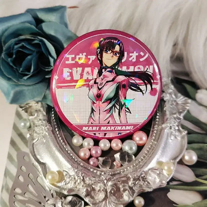 Pink and white holographic tinplate button featuring evangelion ayanami rei in her pink plugsuit from neon genesis evangelion