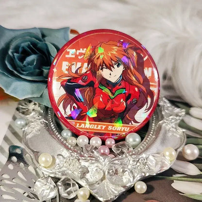 Circular red tinplate brooch featuring neon genesis evangelion ayanami rei in a red and black suit with holographic accents