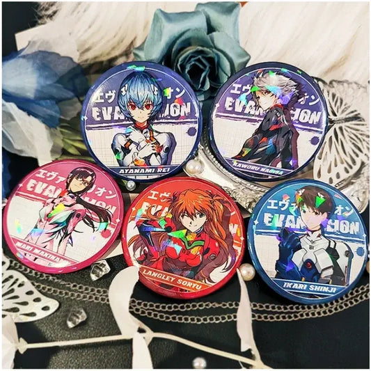 Five glossy neon genesis evangelion tinplate brooches featuring evangelion ayanami rei with holographic accents and names