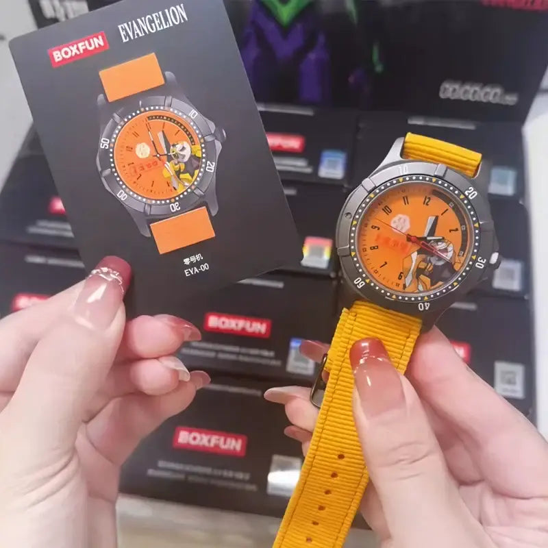 Orange-faced neon genesis evangelion blind box watch ornament with black casing and yellow strap featuring eva design