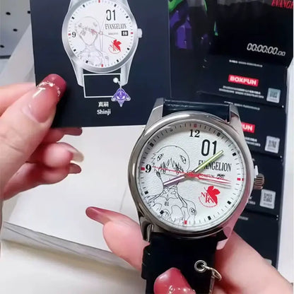 Silver-toned neon genesis evangelion blind box watch with white dial featuring anime character and black strap