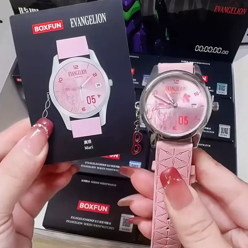 Pink silicone strap blind box watch with silver case and pink dial featuring neon genesis evangelion design