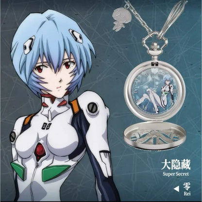 Silver neon genesis evangelion blind box pocket watch ornament with rei ayanami illustration and key charm on chain