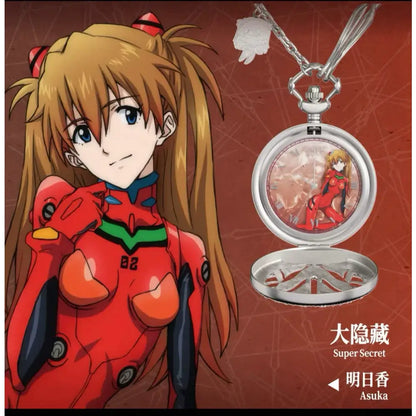 Silver neon genesis evangelion blind box pocket watch with asuka in red plugsuit and white charm on chain