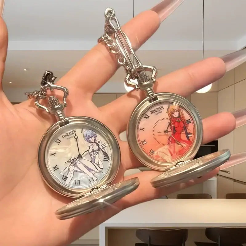 Two silver neon genesis evangelion blind box pocket watches with anime character faces in white purple and red designs