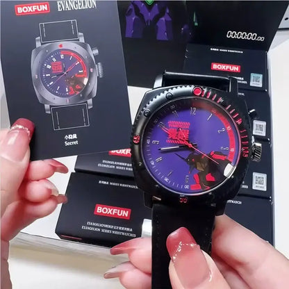 Black watch with purple and red neon genesis evangelion face design in rugged case from genesis evangelion blind box series