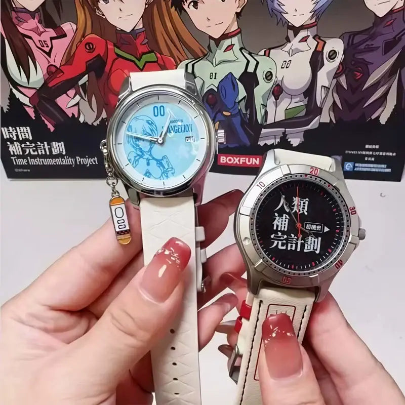 Two neon genesis evangelion blind box wristwatches with light blue angel and black chinese face, white leather straps