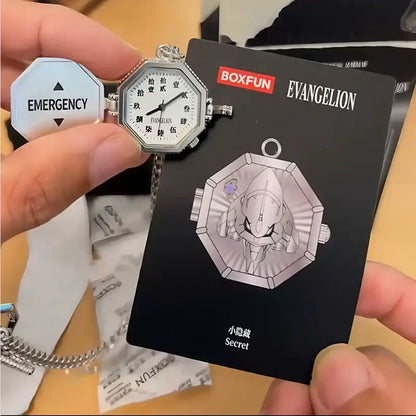 Silver octagonal pocket watch with chinese characters and chain from boxfun evangelion neon genesis evangelion blind box series
