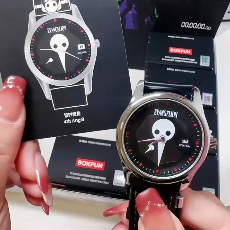 Silver-toned neon genesis evangelion blind box watch with black dial featuring 4th angel skull and red markers