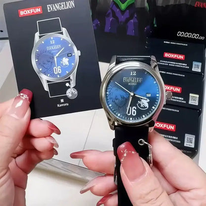 Blue dial neon genesis evangelion blind box watch with black strap and silver case featuring character artwork on face