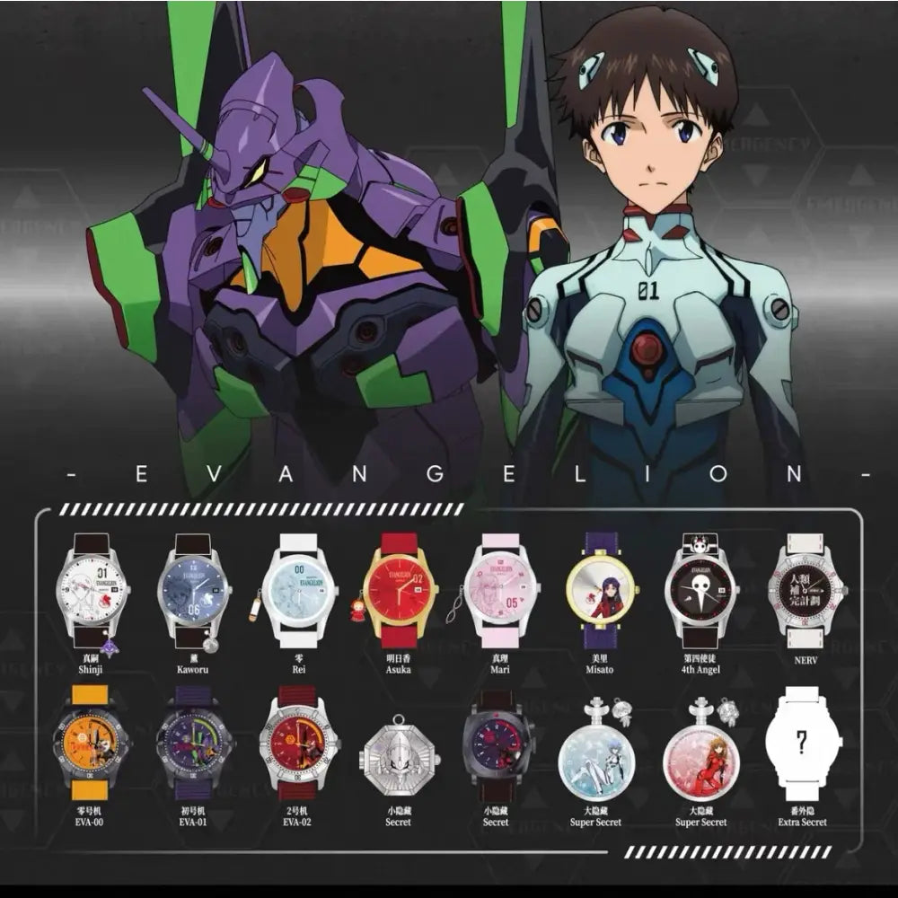 A collection of neon genesis evangelion blind box watches featuring colorful anime-inspired designs and mechs