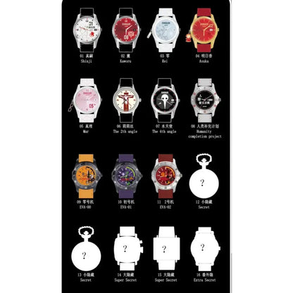 Collection of neon genesis evangelion blind box watches with unique designs and vibrant color schemes from time repair plan series