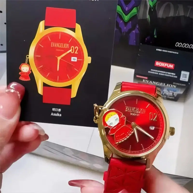 Gold-tone blind box watch with vibrant red face and strap featuring asuka langley soryu charm neon genesis evangelion