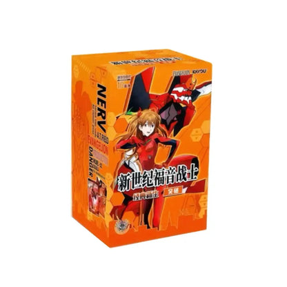 Orange cardboard box with an evangelion character card featuring a girl in red and black armor and nerv mecha design