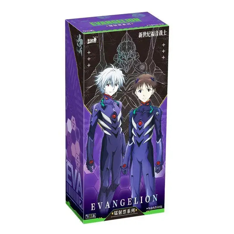 Purple cardboard evangelion character card box featuring two pilots in blue and white suits with glowing green text