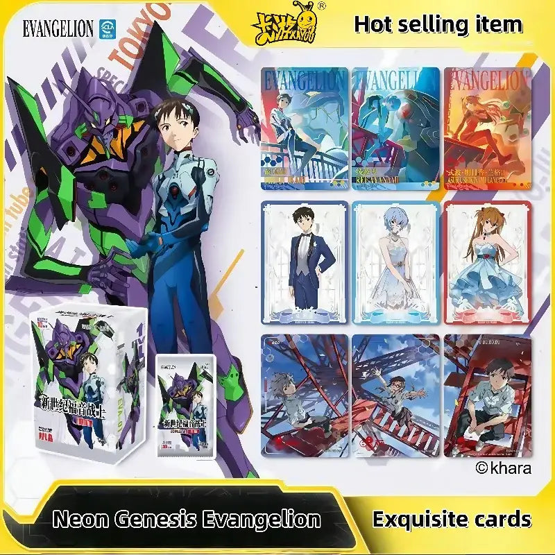 A neon genesis evangelion character card collection set featuring vibrant anime characters and mecha designs with collectible box