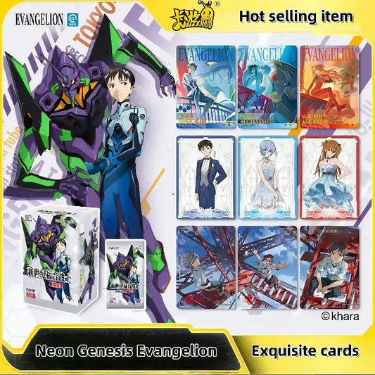 A neon genesis evangelion character card collection set featuring vibrant anime characters and mecha designs with collectible box