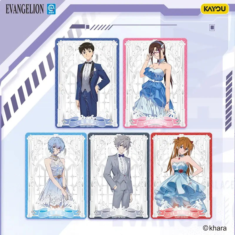 Set of five neon genesis evangelion character cards featuring anime characters in formal wedding attire with ornate borders