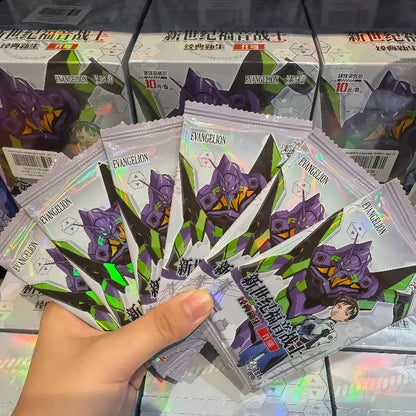Hand holding a fan of holographic silver and green evangelion character card packs featuring purple eva unit-01