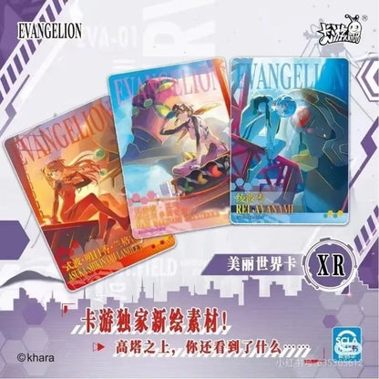 Three colorful glossy evangelion character cards with vibrant artwork from the neon genesis evangelion collection set