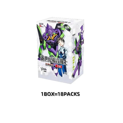 White cardboard box with purple and green neon genesis evangelion unit-01 character card set containing 18 packs