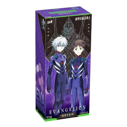 Purple cardboard box of neon genesis evangelion character card set featuring two pilots in blue and white suits with green text