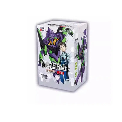 White cardboard box featuring purple and green neon genesis evangelion mech with anime character for character card set