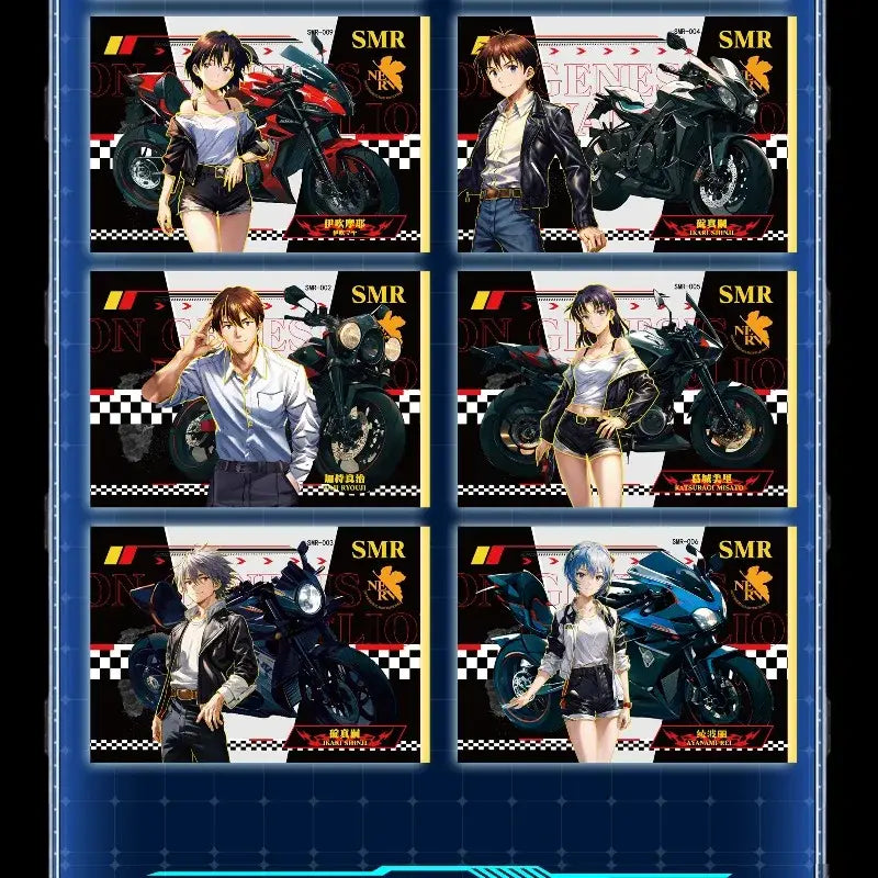 Six neon genesis evangelion character card set featuring anime racing characters and motorcycles with bold smr branding