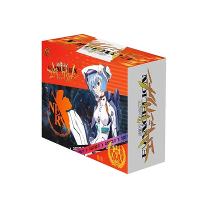 Orange and gray neon genesis evangelion character card featuring blue-haired anime character in white uniform with graphic design