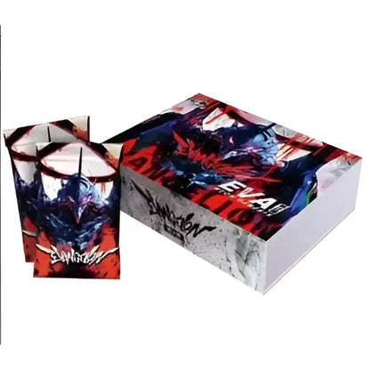 The vibrant graphic packaging for neon genesis evangelion character cards mech style collection trading card set
